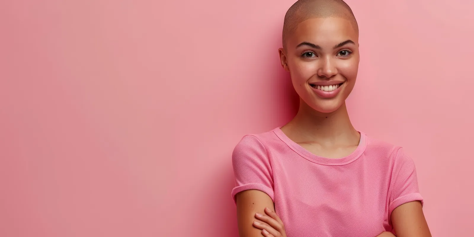Smiling woman in a pink T-shirt standing against a pink wall
