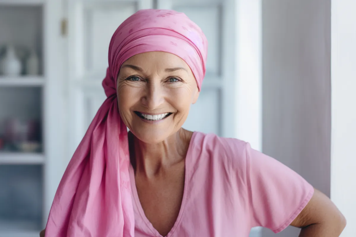 Smiling woman wearing a pink head scarf and a pink top at home