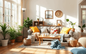 A cozy living room with sun beams entering through the windows on the side of the picture.